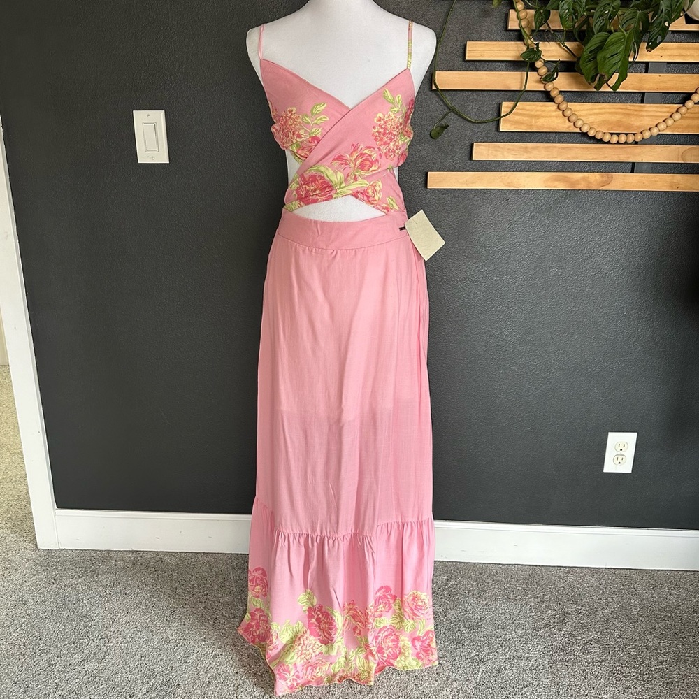 Maaji Pink Floral Wrap Cutout Maxi Dress Boho Resort M NWT